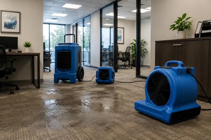 Commercial water damage restoration in an office building with drying fans.