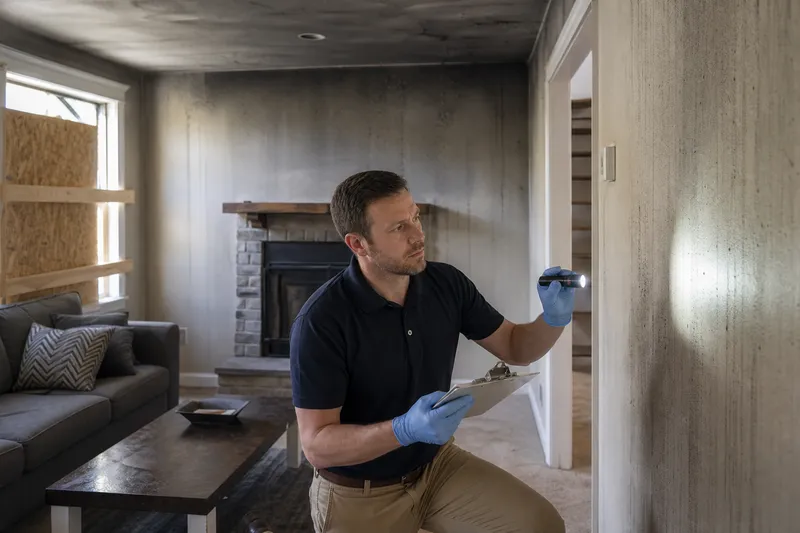 Restoration professional documenting soot and smoke damage in a fire-affected living room.