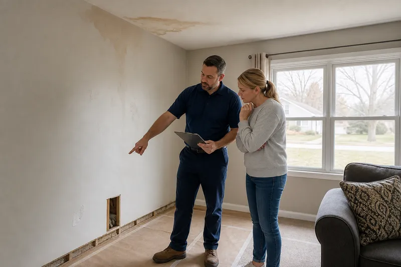 Homeowner reviewing a restoration scope with a project manager in a living room with visible water staining and opened drywall.